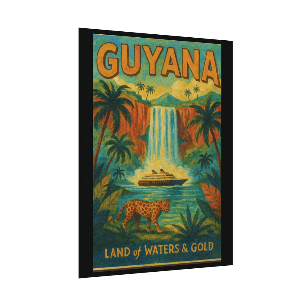 Guyana Waterfall Travel Poster — Textured Watercolor Matte Print ("Land of Waters & Gold")