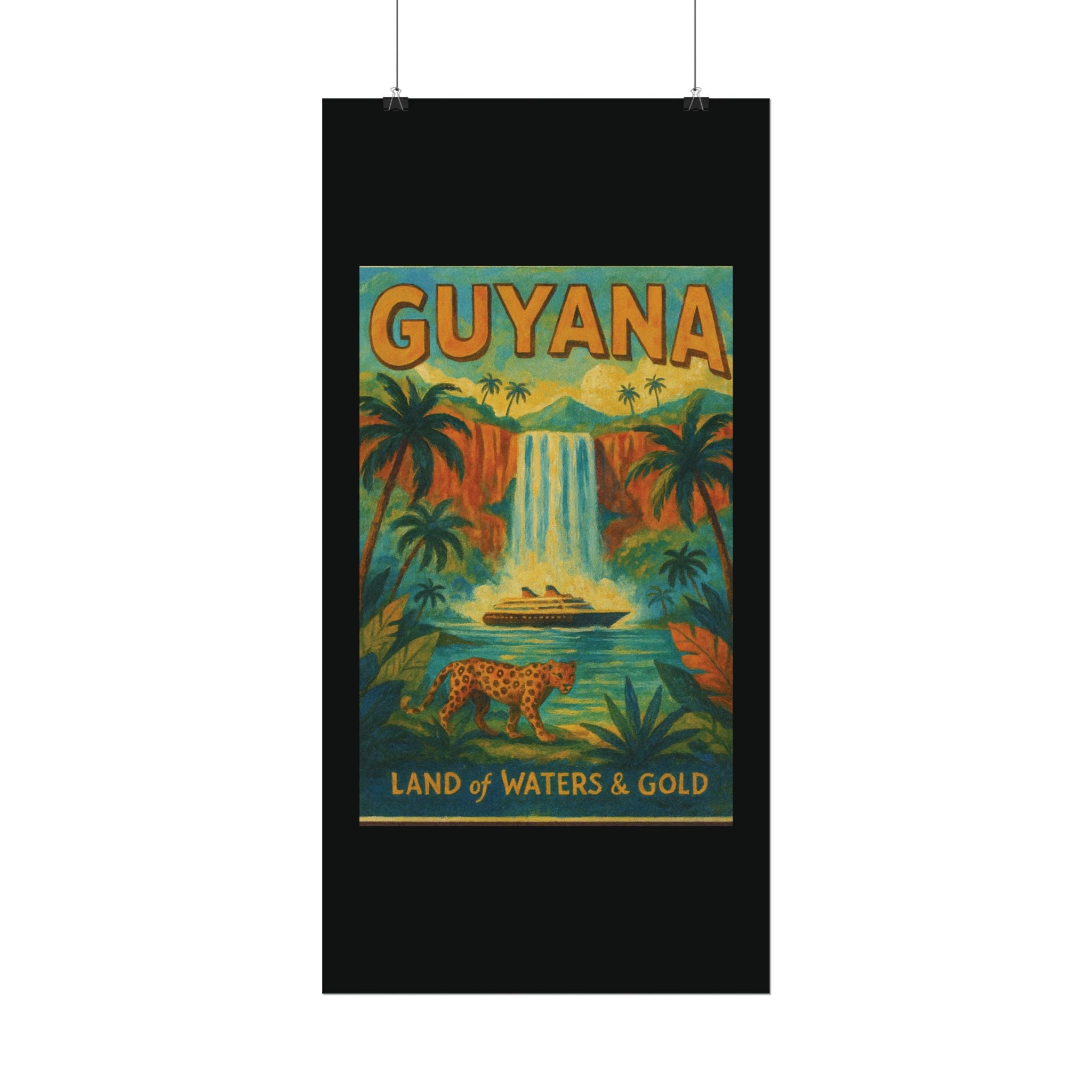 Guyana Waterfall Travel Poster — Textured Watercolor Matte Print ("Land of Waters & Gold")