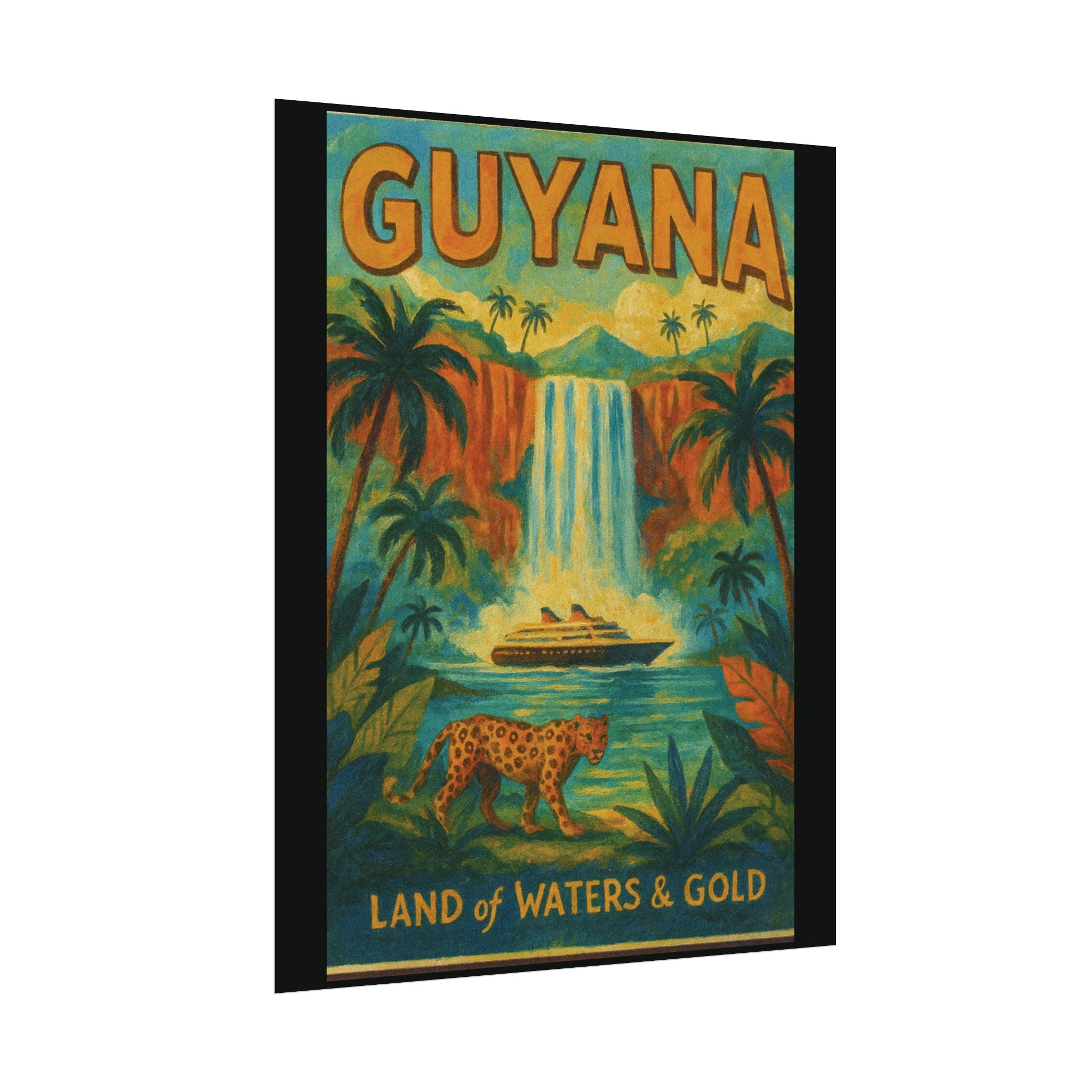 Guyana Waterfall Travel Poster — Textured Watercolor Matte Print ("Land of Waters & Gold")