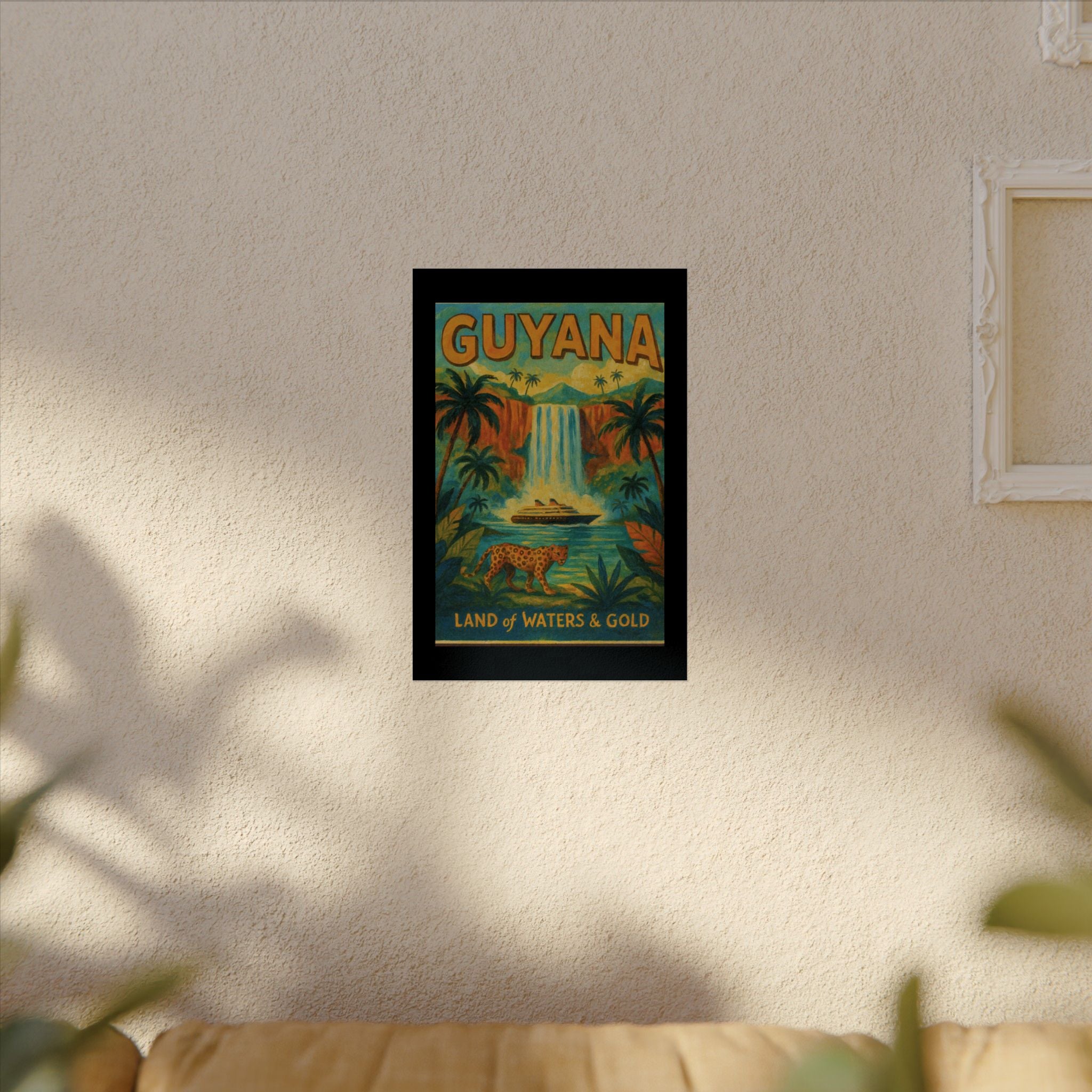 Guyana Waterfall Travel Poster — Textured Watercolor Matte Print ("Land of Waters & Gold")
